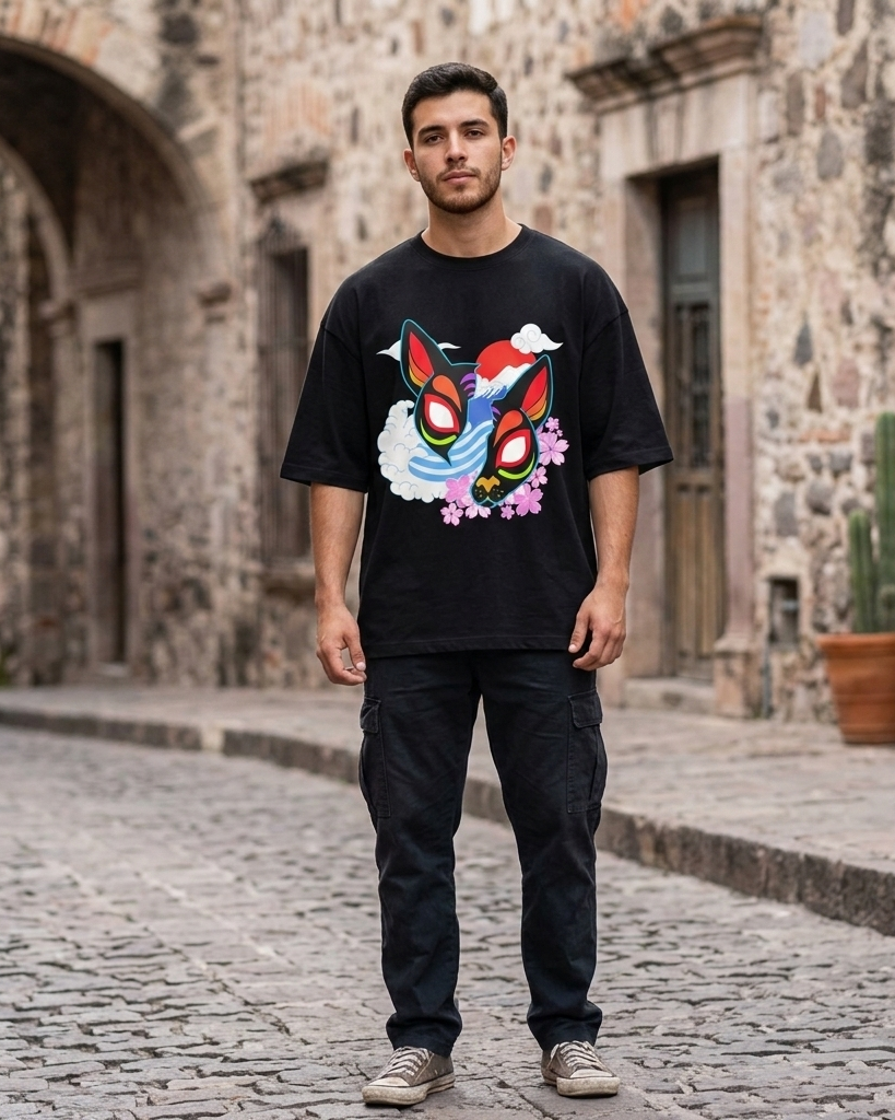 Playera semi oversize Kitsune Waves diseño japonés furry